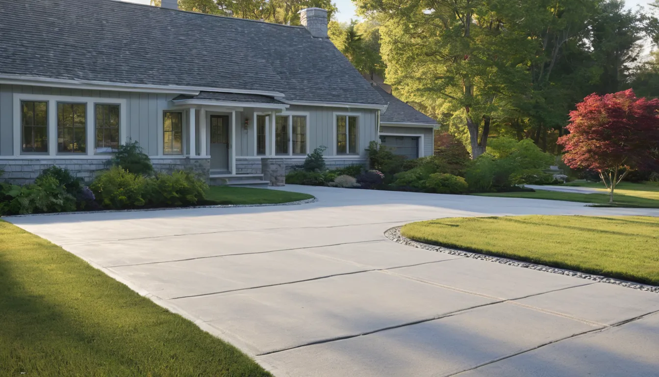 A newly poured concrete driveway leading to a home in Bernardsville, with a homeowner talking to a local provider